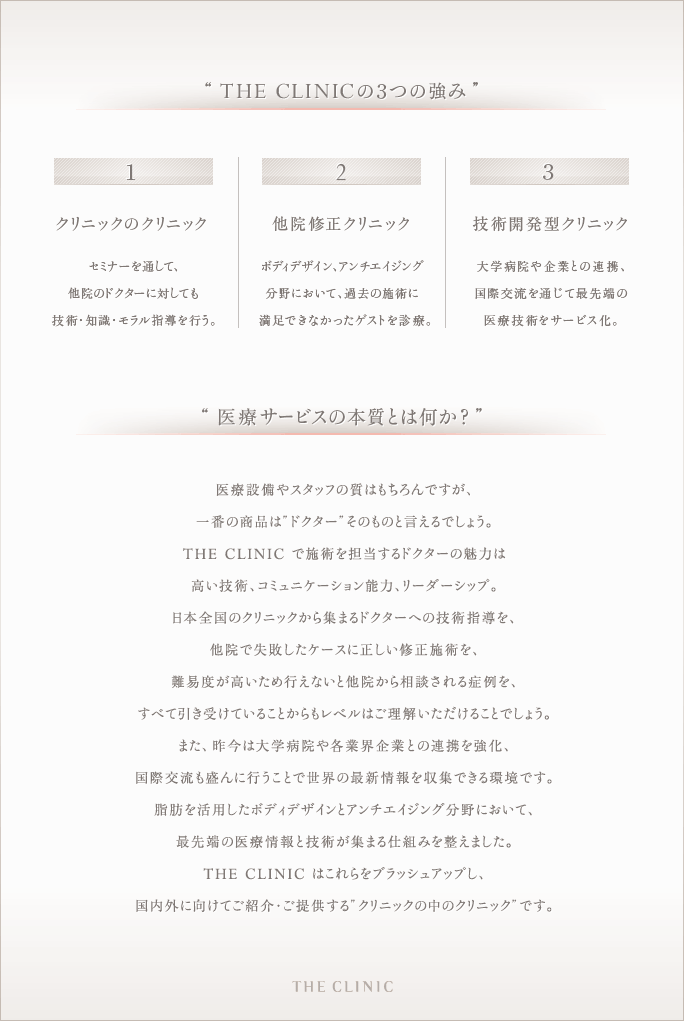 THE CLINICの３つの強み」１、クリニックのクリニック セミナーを通して、他院のドクターに対しても技術・知識・モラル指導を行う。２、他院修正クリニック ボディデザイン、エイジング治療分野において、過去の施術に満足できなかったゲストを診療。３、技術開発型クリニック 大学病院や企業との連携、国際交流を通じて最先端の医療技術をサービス化。 | 「医療サービスの本質とは何か？」 医療設備やスタッフの質はもちろんですが、一番の商品は”ドクター”そのものと言えるでしょう。 THE CLINIC で施術を担当するドクターの魅力は高い技術、コミュニケーション能力、リーダーシップ。 日本全国のクリニックから集まるドクターへの技術指導を、他院で失敗したケースに正しい修正施術を、難易度が高いため行えないと他院から相談される症例を、すべて引き受けていることからもレベルはご理解いただけることでしょう。 また、昨今は大学病院や各業界企業との連携を強化、国際交流も盛んに行うことで世界の最新情報を収集できる環境です。 脂肪を活用したボディデザインとエイジング治療分野において、最先端の医療情報と技術が集まる仕組みを整えました。 THE CLINIC はこれらをブラッシュアップし、国内外に向けてご紹介・ご提供する”クリニックの中のクリニック”です。